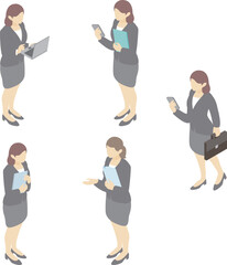 Isometric Businesswoman Illustration Set. Poses of Female Office Workers Using Laptops and Smartphones
