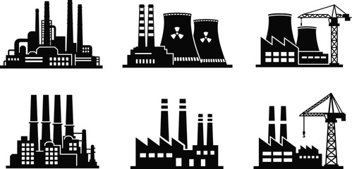 industrial factory power plant silhouettes illustration, heavy industry energy facilities collection, black vector icons isolated, manufacturing infrastructure skyline