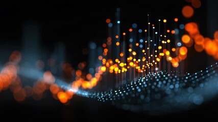 Abstract digital data wave visualization with glowing orange and blue bokeh light motion, dynamic abstract digital visualization of glowing data points, particle wave and light trail creating - Powered by Adobe