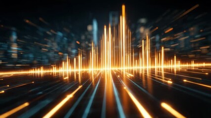 Golden soundwave waveform visualization glowing over reflective grid with motion blur futuristic cityscape and glowing light trails dynamic energy ambient mood energetic rhythm digital data flow neon - Powered by Adobe