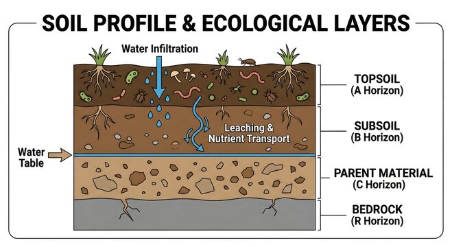 Soil Profile & Ecological Layers: A detailed illustration of soil profile highlighting different layers, along with the ecological processes within each layer