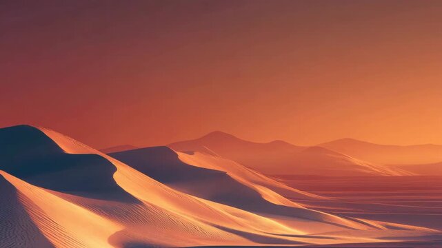 Golden desert dune landscape at sunset with warm golden light casting long shadows across rippled sand hills and flowing ridges toward arid horizon creating serene expansive dramatic atmosphere
