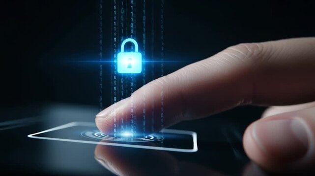 A video showcasing a person's finger touching a smartphone screen with a blue lock icon rising from it, symbolizing mobile security and protection.