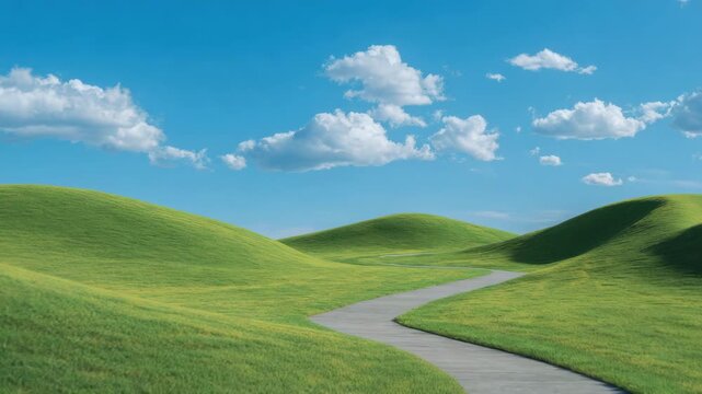 Rolling green hill landscape with winding concrete path under blue sky dotted with fluffy cloud peaceful sunny open space grass and clouds conveying calm hopeful mood and serene openness