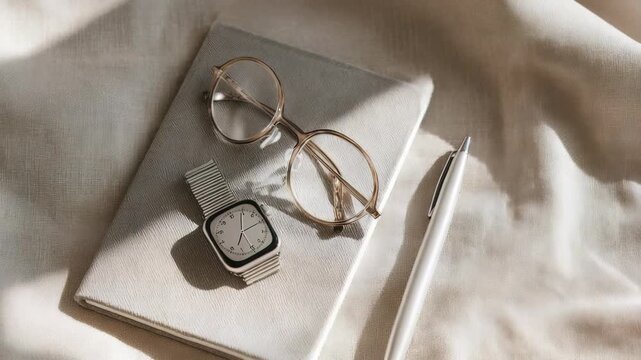 Minimalist workspace scene with elegant eyeglasses, a modern wristwatch, and a sleek pen arranged on a textured notebook. Soft natural light creates a calm and stylish atmosphere