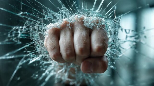 Fist punching through shattered glass close up glass shatter impact and motion convey anger strength, broken window shards flying in dynamic dramatic action and intense energy