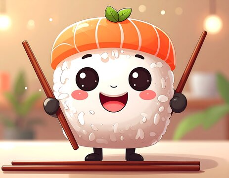 A cheerful cartoon sushi character with a hat holding chopsticks