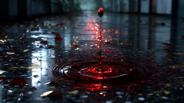 Close-up of red liquid drop creating ripples on dark water surface with reflections