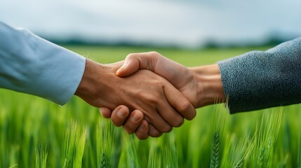 Firm handshake in a vibrant green wheat field, symbolizing successful agricultural partnership, business deal, and sustainable farming
