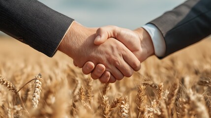 Business handshake in golden wheat field, symbolizing partnership, agreement, and successful agriculture