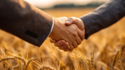 Business handshake in golden wheat field, symbolizing partnership, agreement, and successful agriculture