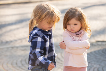 Kids bad behavior. Two toddler friends behavior. Preteen friends and behavior friendship concept. Mad angry girls sisters. Children with bad behavior arguing and dont want to be friends.
