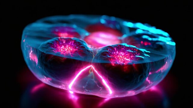 A captivating view of glowing cellular structures encapsulated in a translucent gel, showcasing luminous particles and intricate patterns that depict the wonder of bioluminescence and cellular design.