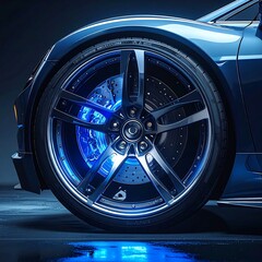 Obraz premium A close-up of a car's wheel with blue glowing brake calipers