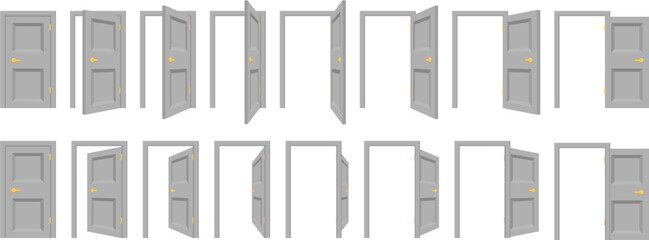 A clean vector icon set showing a door opening and closing sequence. Ideal for UI design, apps, games, animations, architecture concepts, navigation symbols, and access or transition visuals.