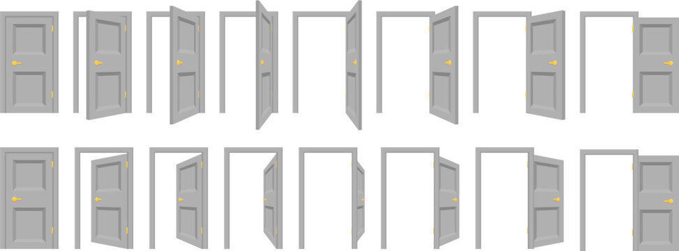 A clean vector icon set showing a door opening and closing sequence. Ideal for UI design, apps, games, animations, architecture concepts, navigation symbols, and access or transition visuals.