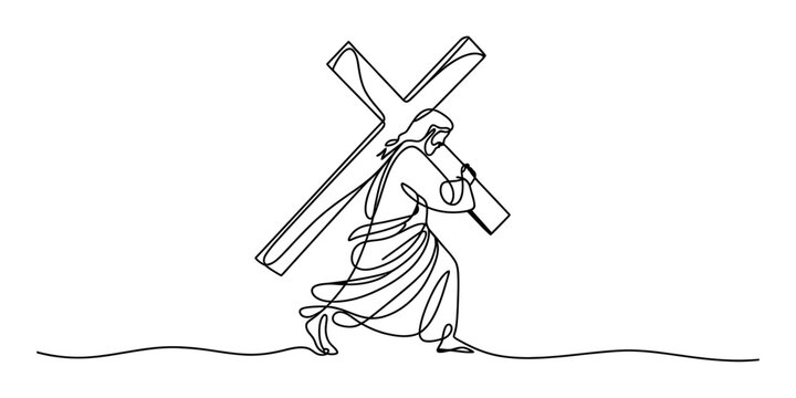 Jesus christ carrying the cross illustration in minimalist continuous line art style Vector, illustration