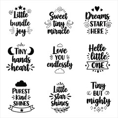 Fototapeta premium Collection of Handwritten Baby Quotes and Icons in Black and White Vector Illustration