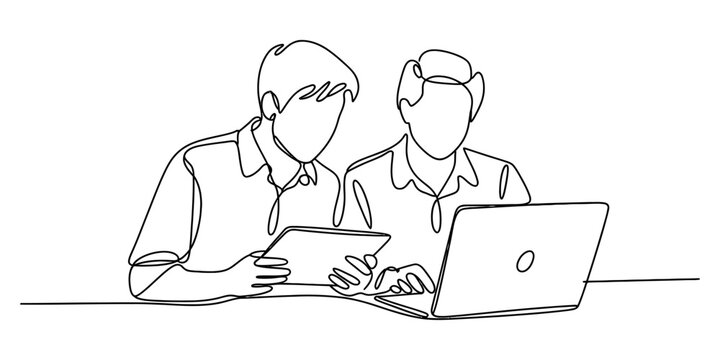 Two people collaborating on a project with a laptop and tablet in continuous line art style Vector, illustration