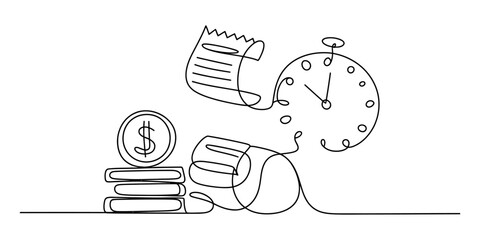 Continuous line art illustrating the connection between financial expenses and time management Vector, illustration © Pabon Art Gallery