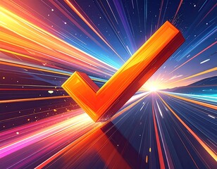 Animated orange checkmark amidst streaks of light and a sunrise