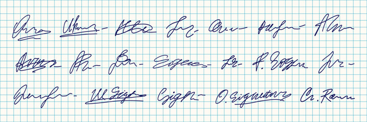 Doodle Fake Blue Signature Autograph Kit in Graph Paper Notebook Page Background. Doodle Random Handwritten Sample Name Sign Signature Set. Vector Handwriting Line Isolated Graphic Clipart