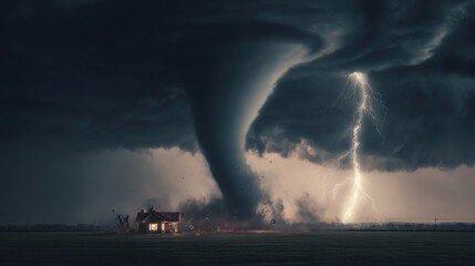 Obraz premium Dramatic Tornado and Lightning Display Over a Rural House: Nature's Fury Captured