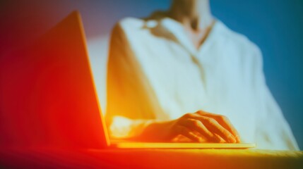 Female student using laptop for e-learning and online webinars while working in a home office setting, digital education concept with glowing white and blue interface