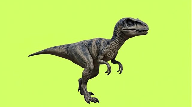 A gray dinosaur standing on a greenscreen background, looking to the right.