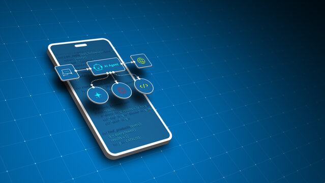 AI agent automation workflow on smartphone screen with digital interface for artificial intelligence apps
