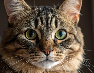 A close-up of a cat's face with green eyes