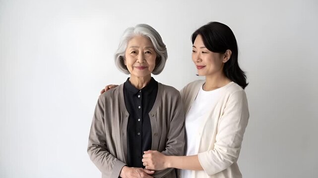 白の無地背景で撮影された、日本人の高齢の母と成人した娘のスタジオポートレート。
柔らかな光で肌を優しく描写し、母を支える娘の姿が信頼や安心感を伝える。