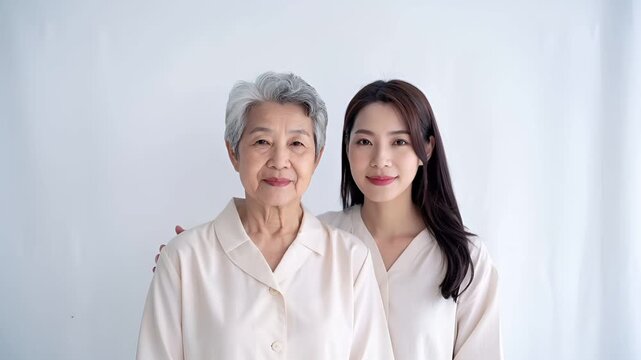 白の無地背景で撮影された、日本人の高齢の母と成人した娘のスタジオポートレート。
柔らかな光で肌を優しく描写し、母を支える娘の姿が信頼や安心感を伝える。