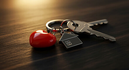 Silver keys with red heart and house shaped keychain on wooden surface
