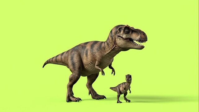 A large brown dinosaur and a small dinosaur standing on a greenscreen background.