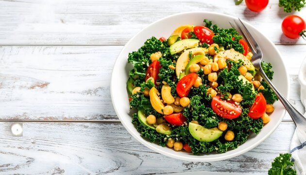 Vibrant kale salad with chickpeas, avocado, tomatoes, and yellow peppers on a white wooden table - Powered by Adobe