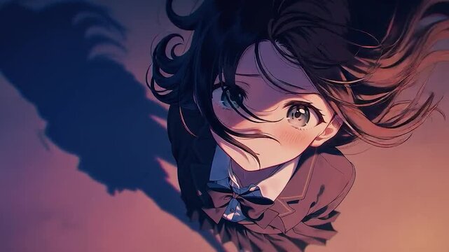 Anime Girl Looking Up at the Twilight Sky with a Sad Expression
