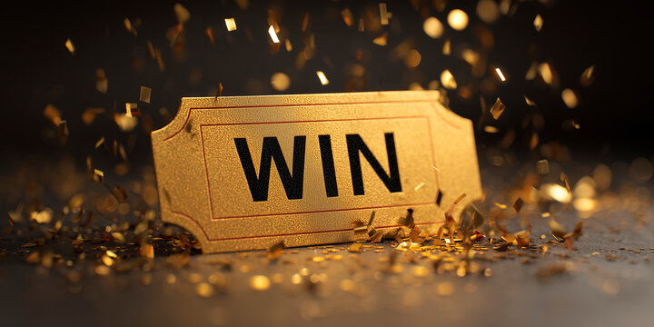 Golden ticket with word win and shiny confetti. Lucky charm, prize award, jackpot success celebration concept. Gambler wins lottery or contest 