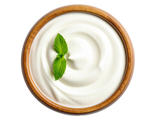 Wooden bowl of yogurt top view isolated transparent