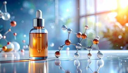 Science cosmetic lab technology 3d rendering. Beauty product with Kojic Acid molecular structure abstract biochemistry background concept.