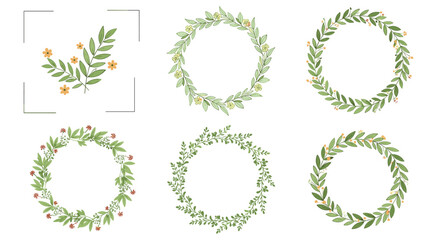 Collection of six different delicate floral and foliage wreaths in soft green and yellow tones, perfect for wedding invitations.
