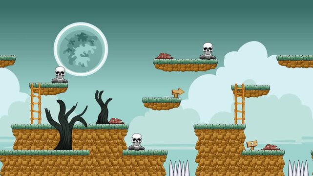 Old-style game animation of a scenery with platforms and tileset. 4K Seamless 2D Nature Side-Scroller Environment for Platformer.