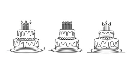 One line drawing of three different tiered birthday cakes with lit candles on top for celebrations and festive party decorations.