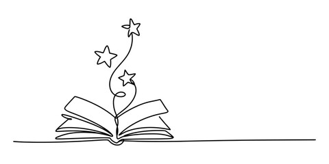 Continuous line art illustrating an open book and stars for knowledge and imagination Vector, illustration © Single Line Art