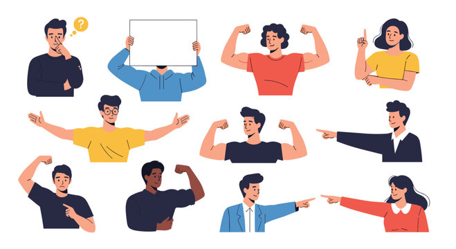 Diverse set of character poses showing people pointing, flexing muscles, thinking, and expressing various emotions and actions.