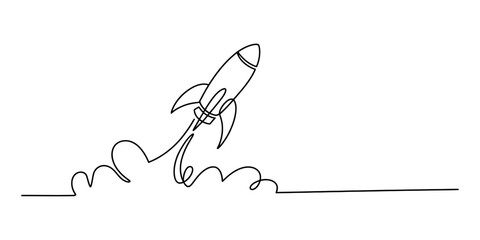 Continuous line art drawing of a rocket launching and leaving a trail of smoke Vector, illustration © Single Line Art