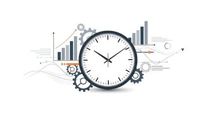 Time management concept with clock, gears, and data charts for business analytics