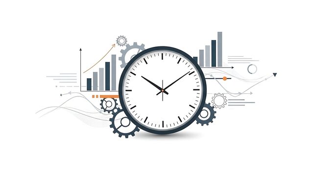 Time management concept with clock, gears, and data charts for business analytics - Powered by Adobe