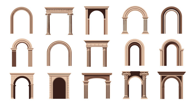 Set of architectural arch and pillar designs in various classic styles featuring different stone textures and column details.