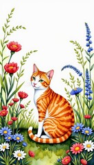 Fototapeta premium Illustrated Scene of Orange Tabby Cat Sitting Gracefully Amongst a Vibrant Array of Wildflowers in a Lush Garden Setting